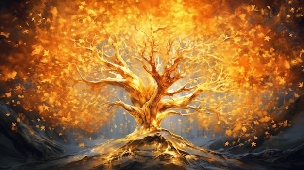 Złote drzewo fantastyczna ilustracja piękna abstrakcja