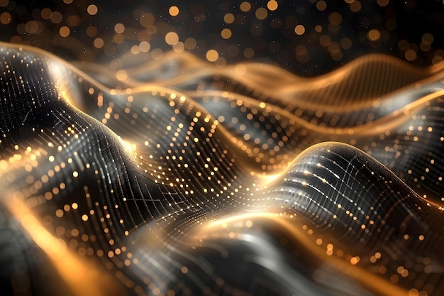Złote Fale Światła Abstrakcyjne cyfrowe przedstawienie technologii i sieci neuronowych