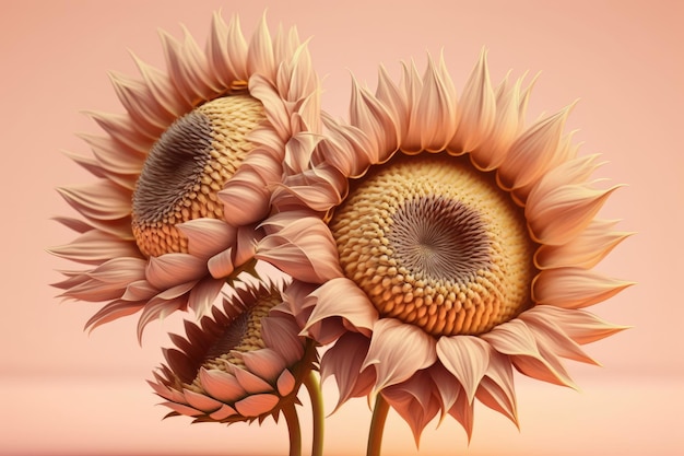 Złote główki słonecznika na rozmytym tle z kwiatami na pastelowym różu stworzone za pomocą generatywnej ai