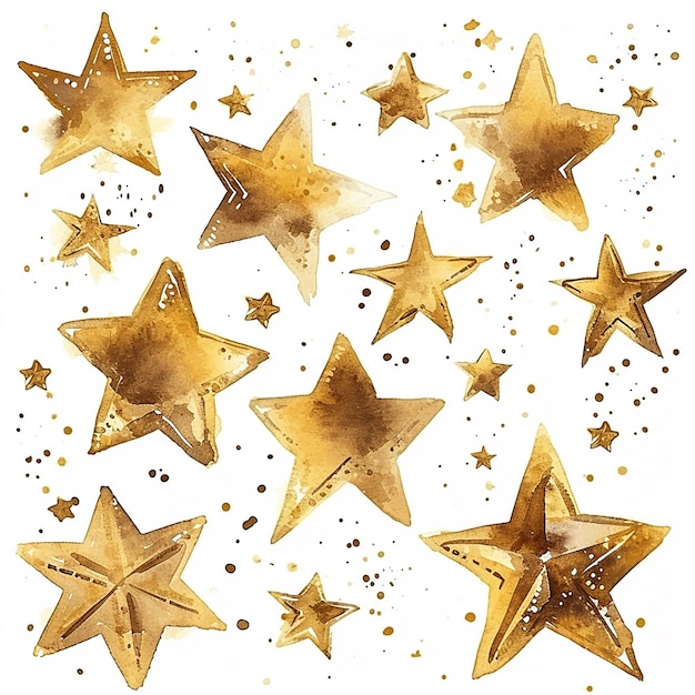 Złote gwiazdy 3D ustawione w stylu kreskówki ilustracja akwarelowa na białym tle