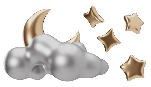 Złote gwiazdy księżyca 3D i chmura srebra samodzielnie na białym tle Wyciąć elementy projektu Noc słodkie sny znaki Nighttime 3D render