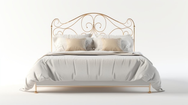 Złote i białe metalowe łóżko realistyczne szczegółowe renderowanie z rocznika minimalizmu