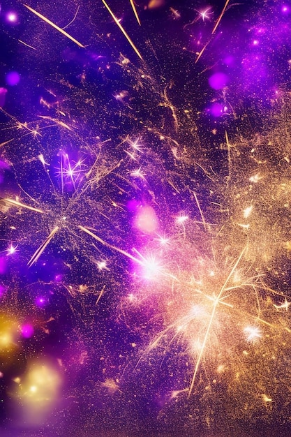 Złote i ciemno fioletowe fajerwerki i bokeh w Nowy Rok i kopiowanie przestrzeni abstrakcyjnego tła święta