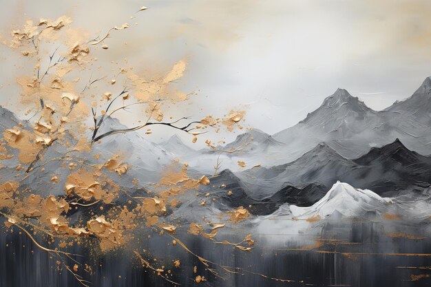 Złote i czarne malarstwo górskie abstrakcyjne malarstwo