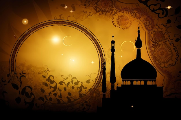 Złote i czarne tło z meczetem i napisem ramadan