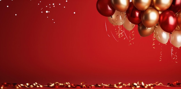 złote i czerwone balony na czerwonym tle z konfetti