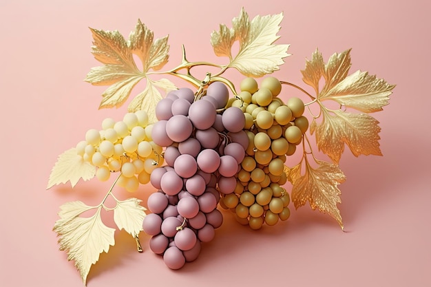 Złote i pastelowe winogrona na różowym tle Generative AI