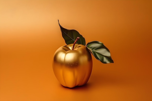 Złote jabłko z zielonymi liśćmi na pomarańczowym tle