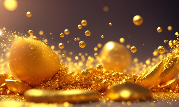 Złote jaja i złote kulki na fioletowym tle cząstek złota bokeh