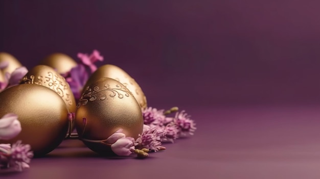 Złote jaja wielkanocne i wiosenne kwiaty na fioletowym tle Koncepcja przerwy wiosennej z miejsca kopiowania Widok z góry