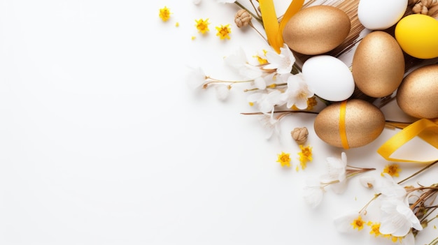 Złote jajka wielkanocne z kwiatami i białą wstążką na białym tle
