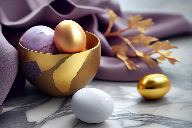Złote jajko siedzi w misce ze złotym liściem