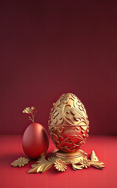 Złote jajko wielkanocne siedzi na czerwonym stole z kwiatem pośrodku.