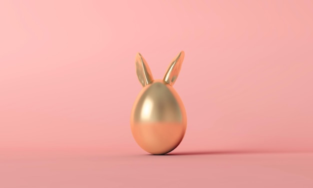 Złote jajko wielkanocne z uroczymi uszami wiosennego królika na pastelowym różowym tle Renderowanie 3D