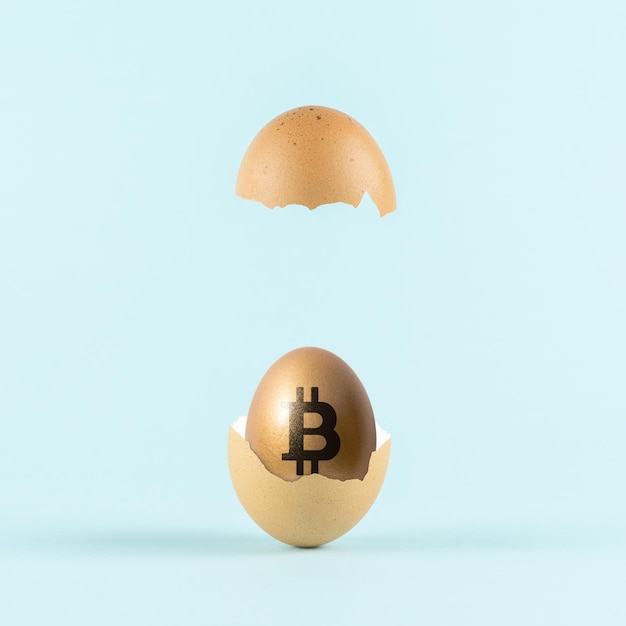 Złote jajko z znakiem bitcoina w pękniętej skorupie jajka na pastelowo niebieskim tle