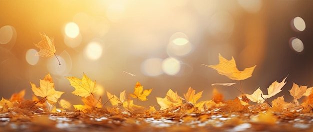 Złote jesienne liście na oświetlonym słońcem niebie idealne tło Święta Dziękczynienia z niewyraźnymi liśćmi bokeh Generacyjna sztuczna inteligencja