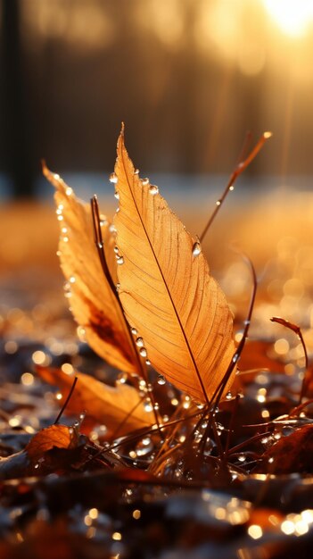 Złote jesienne liście na trawie kąpane w łagodnym porannym świetle słonecznym