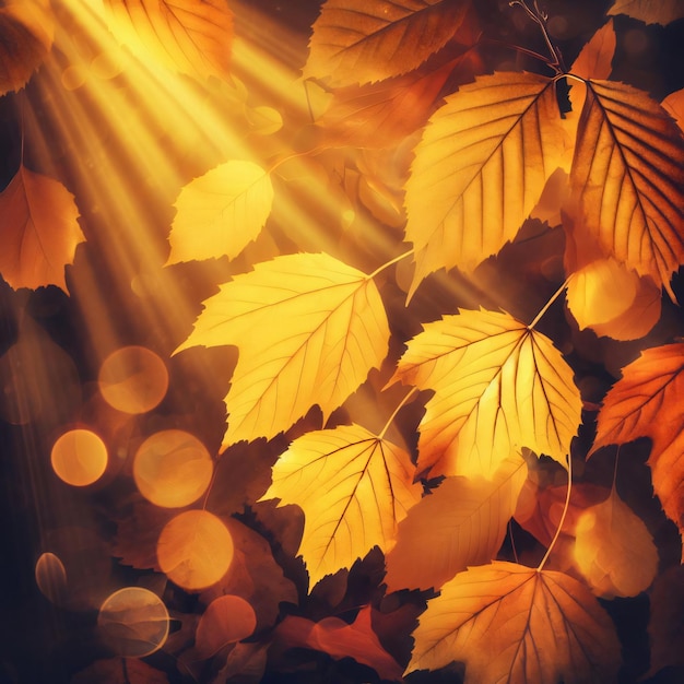 Złote jesienne liście oświetlone promieniami słonecznymi