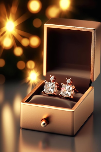 Złote kolczyki z diamentami w pudełku z biżuterią na tle błyszczącego bokeh Prezent na nowy rok i święta Generative AI