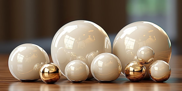 Złote kulki okrągłe zamki minimalistyczne wzory sceniczne beżowe tło nowoczesna estetyka luksusowe dekoracje