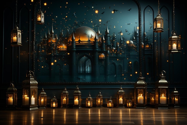 Złote latarnie na Ramadan, islamski Nowy Rok, sztuka na ścianie meczetu.