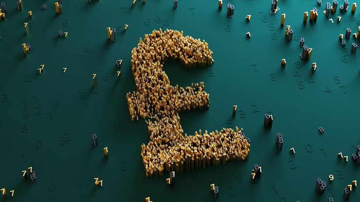 Złote logo funta szterlinga wykonane z liczb 3d na abstrakcyjnym tle