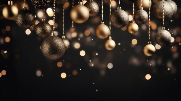 Złote luksusowe bale i zabawki noworoczne na czarnym tle ze światłami bokeh w Wigilię