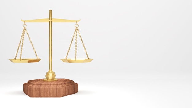 Złote łuski sprawiedliwości na białym tlesprawiedliwy wyroksąd dla sędziegorenderowanie 3d