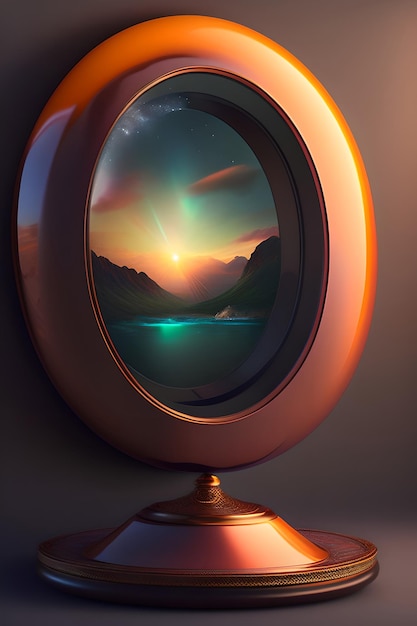 Zdjęcie złote lustro, które odzwierciedla ocean, niebo i góry.