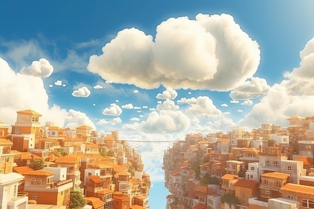 Złote miasto wiszące na niebie Niebiańskie Złote Miasto Oświetlone przez Słońce Fantastyczny Atrakcyjny Świat w chmurach Abstrakt Generatywna ilustracja AI