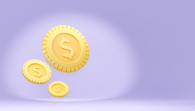 Złote monety dolarowe na fioletowym tle. Renderowanie ilustracji 3D.