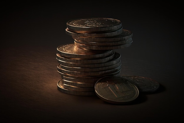 Złote monety ułożone na ciemnym tle reprezentujące instytucję finansową