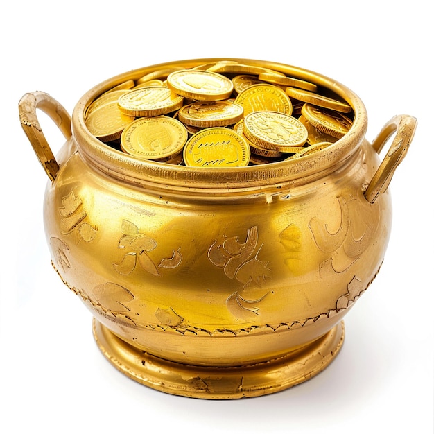 Zdjęcie złote monety w złotym garnku isoalted na białym tle ai generative
