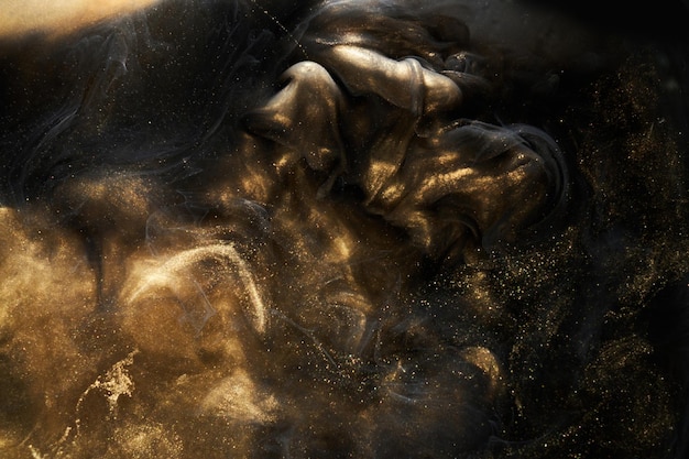 Złote musujące abstrakcyjne tło luksusowy czarny dym farba akrylowa podwodny wybuch kosmiczny wirujący atrament