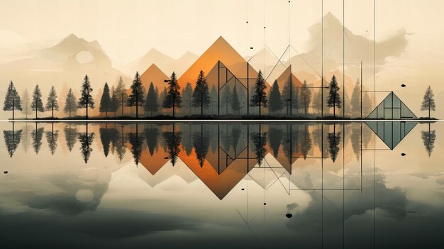 Zdjęcie złote odbicia w geometrycznych górach i spokojnym jeziorze leśnym