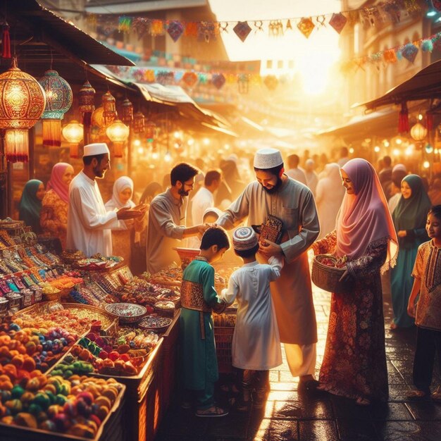 Złote odcienie Eid tętniące życiem rynek tradycyjny strój wymiana prezentów śmiech i skomplikowane sta