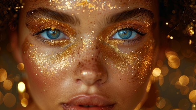Zdjęcie złote paznokcie, makijaż i akcesoria na twarzy modelu złoty makijaż świąteczny na modnej kobiecie
