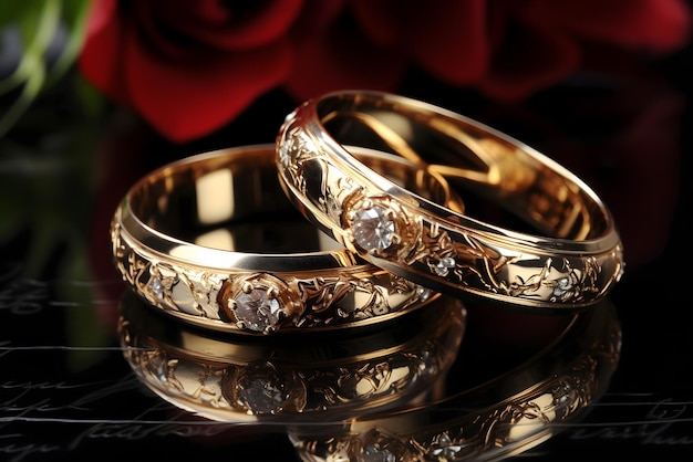 Złote pierścienie ślubne z czerwoną różą na dnie.