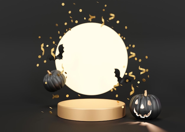 Złote Podium Z Dekoracją Halloween Na Czarnym Tle Kompozycja Halloween Scena Dla Prezentacji Kosmetycznej Produktu Modna Makieta Scena Na Cokole Dla Produktu Kosmetycznego Renderowanie 3d