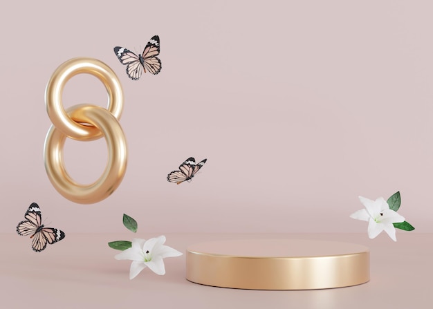 Złote podium z latającymi kwiatami i motylami Scena Platformy Womans Day do prezentacji produktów kosmetycznych Makieta Prezentacja wyświetlacza Renderowanie 3D