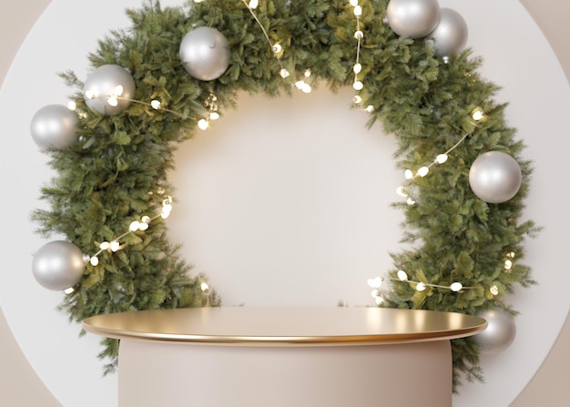 Złote podium z świąteczną dekoracją na tle Xmas nastrój Elegantna scena dla produktu kosmetycznego Luksusowa maketa Platformy piedestałowej Świętowa wyrafinowana atmosfera świąteczna renderowanie 3D