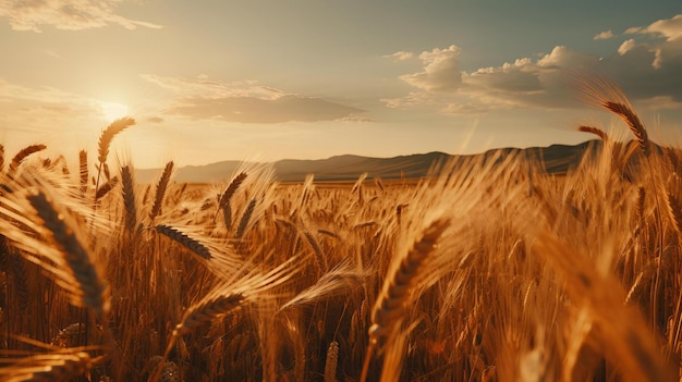 Złote pola pszenicy w świetle zachodu słońca Znak żniwa i obfitości na wsi