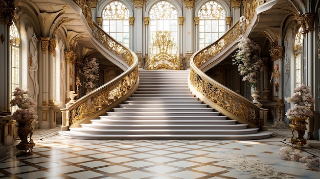 Zdjęcie złote schody z złotym i białym kwiatowym wzorem