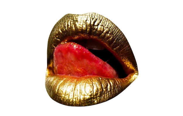 Złote seksowne kobiece usta piękne usta piękno złote usta kobiety izolowany na białym tle