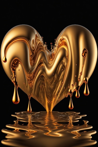 Zdjęcie złote serce z kroplami cieczy na czarnym tle generatywnego ai