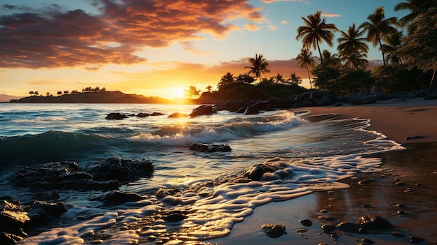 Złote słońce nad spokojnym tropikalnym wybrzeżem to romantyczna przygoda