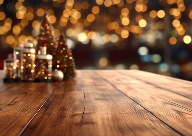 Zdjęcie złote świąteczne dekoracje na pustym stole i tle bokehai generative