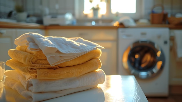 Złote światło oświetla stos prania w nowoczesnej kuchni