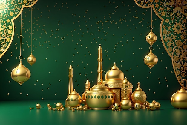 Złote święto Eid Mubarak na zielonym tle