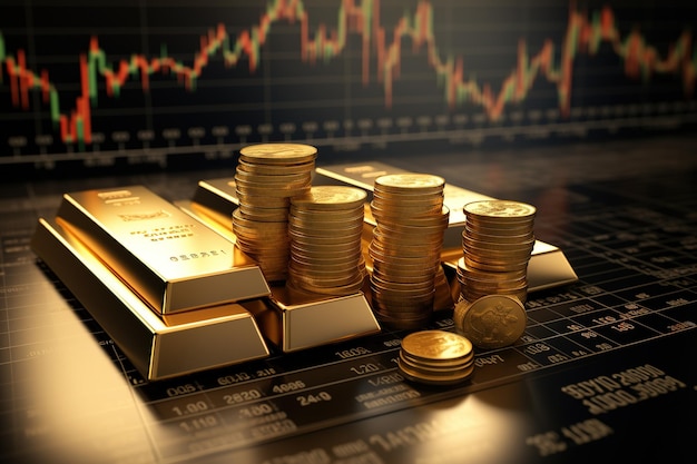 Złote sztabki na wykresie akcji z wykresami cen Złote monety giełda giełda giełda aktywny handel forex kryptowaluta analityka cyber wykres operacje bitcoin sprzedaż marketing dane finansowe
